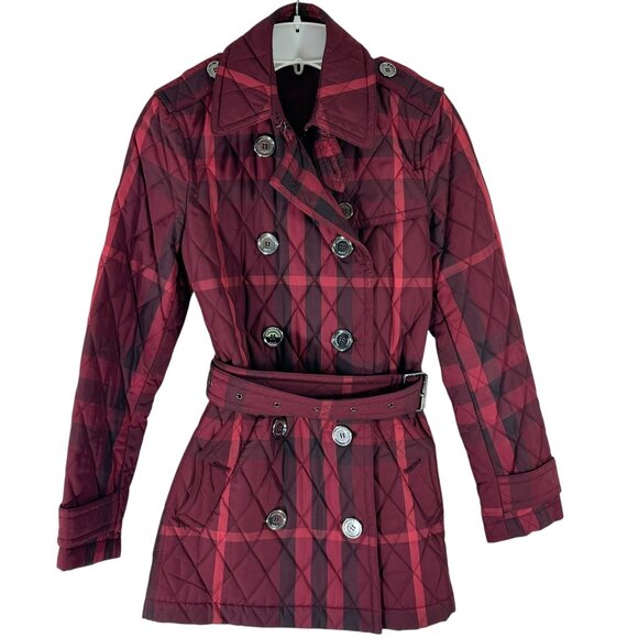 BURBERRY Red & Black Quilted Checkered Women's Trench Coat Marked at 4US